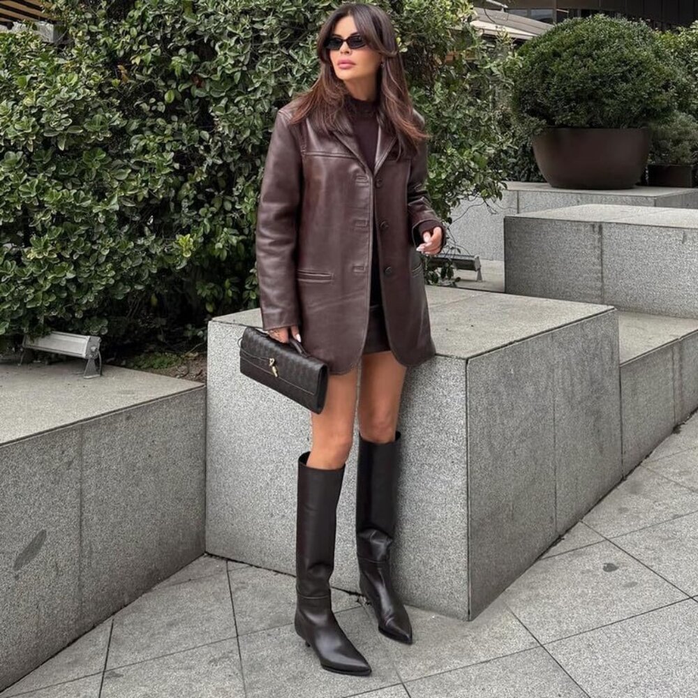 Women's Black Modatope Knee High Boots for Faux Leather Low Heel Pointed Toe - Picture 4 of 9